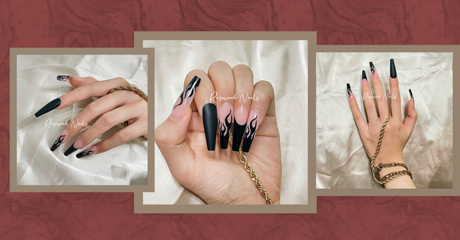 Long, coffin-shaped matte finish press on nails. Mix-and match with different prints. Matte black nails, black fire nails, French tips press-on nails.